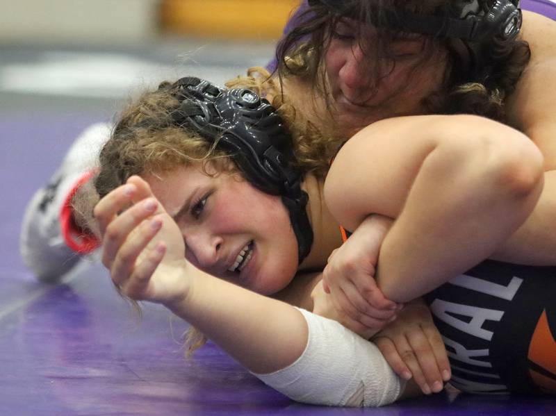 Crystal Lake Central’s Cait Jones ,front, battles Gesselle Vazquez of Wauconda at 155 pounds in IHSA Regional wrestling semifinal action on Saturday, Feb. 1, 2025, at  Hampshire High School  in Hampshire.