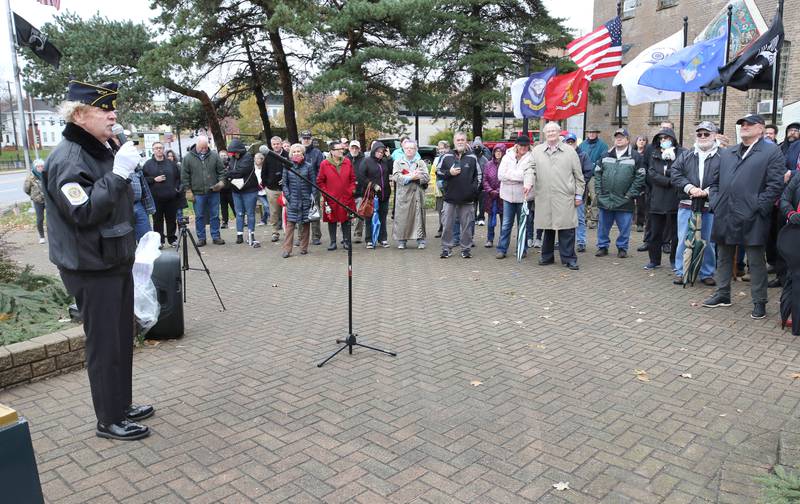 United States Air Force Veteran Michael Embry speaks Thursday, Nov. 11, 2021, during a Veterans Day and clock rededication ceremony at Memorial Park in downtown DeKalb.