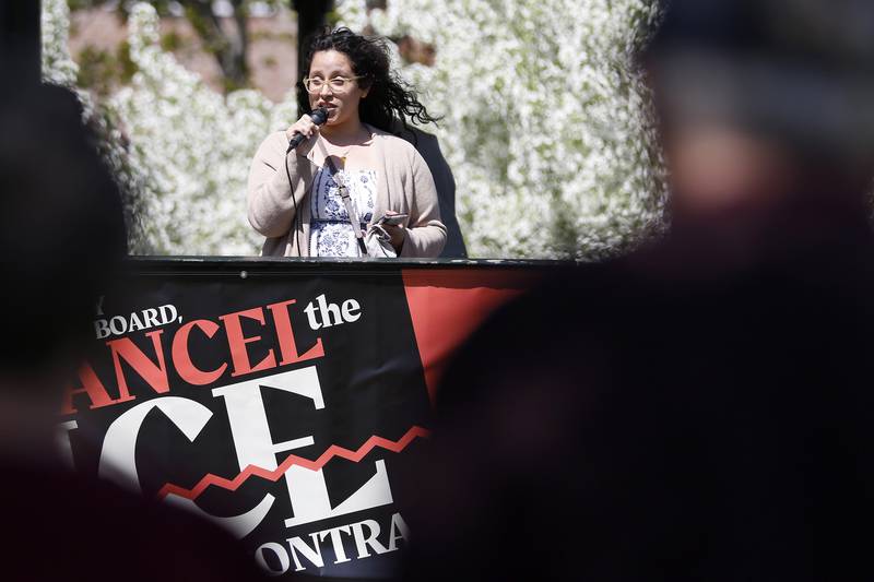 Speaker Katia Carranza honors immigrants at a rally to end McHenry County's contract with U.S. Immigration and Customs Enforcement on Saturday, May 1, 2021 in Woodstock.