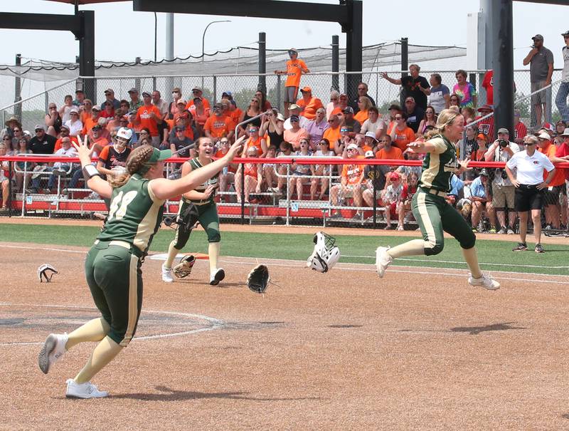 St. Bede players Reagan Stoudt, Maddy Dalton and pitcher Ella Hermes react after winning the Class 1A State championship over Illini Bluffs on Saturday, June 3, 2023 at the Louisville Slugger Sports Complex in Peoria.