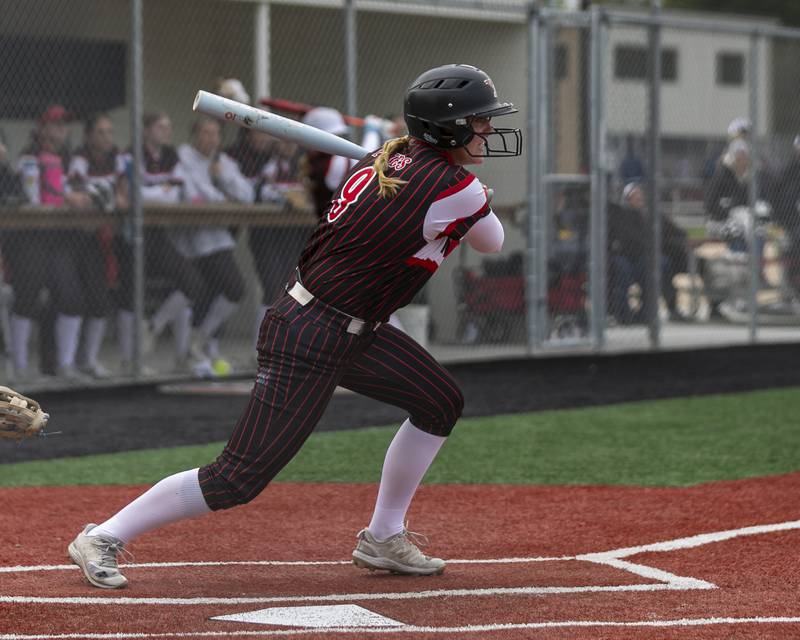 Yorkville's Callie Ferko (9) knocks in an early run during softball game between Oswego at Yorkville. May 5, 2026 in Yorkville.