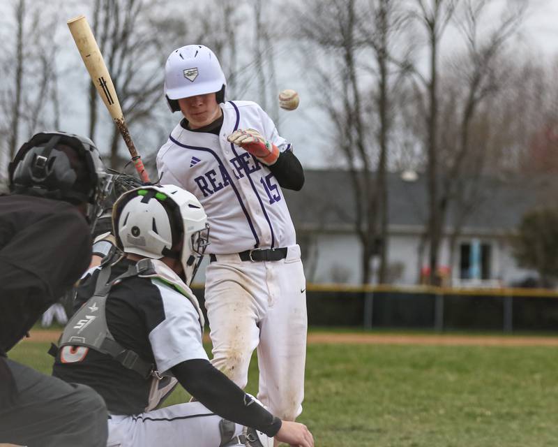 Plano's Nathan Tunt (15) is hit by a pitch during baseball game between Sandwich at Plano on Thursday, April 9, 2025 in Plano.