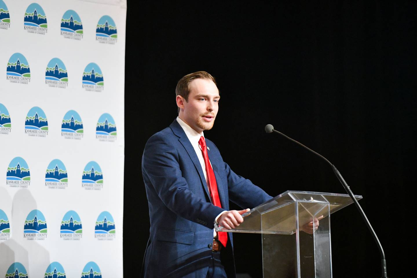 Kankakee County Board Chairman Matthew Alexander-Hildebrand speaks at the 2025 State of the County Address on Tuesday, March, 4, 2025, at Chalfant Hall at Olivet Nazarene University in Bourbonnais, hosted by the Kankakee County Chamber of Commerce.
