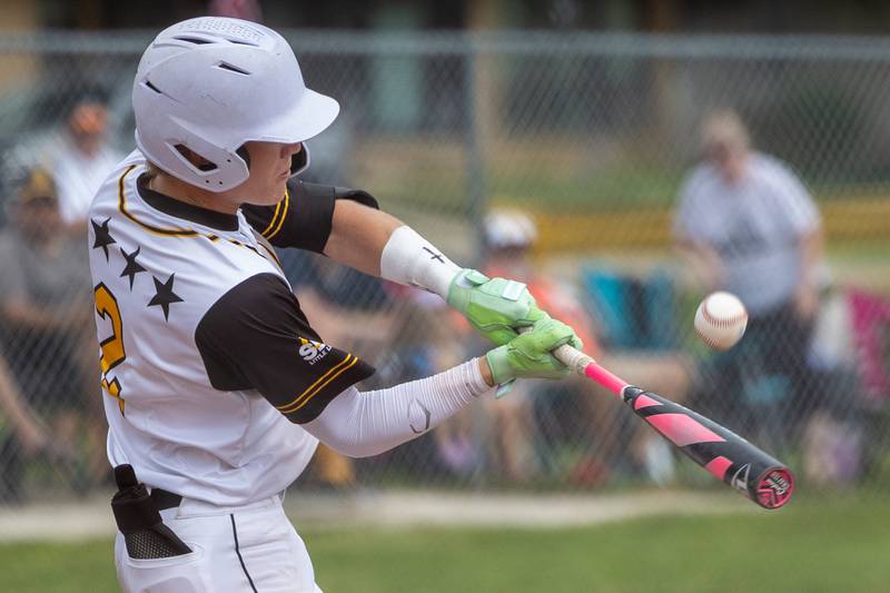 Jackson Nutt (2) of Iowa hits ball on Thursday, July 17, 2025 at Washington Park in Peru.