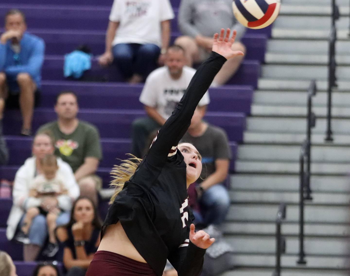 Prairie Ridge’s Lauren Bruce hits the ball in varsity girls volleyball at Hampshire High School in Hampshire on Tuesday, Sept. 2, 2025.