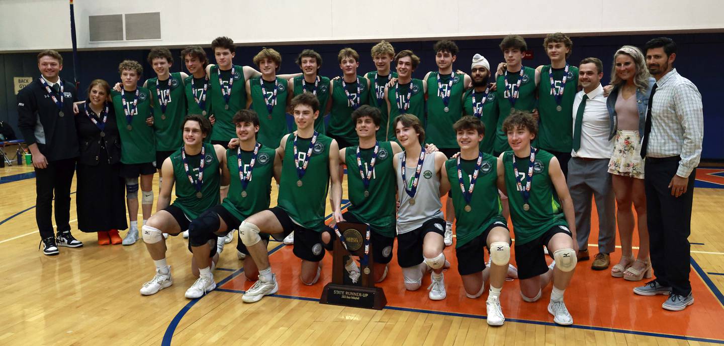 Glenbard West poses with their second place trophy after their loss to Marist during the championship match of the IHSA State Final Boys Volleyball Tournament Saturday, June 7, 2025 in Hoffman Estates.