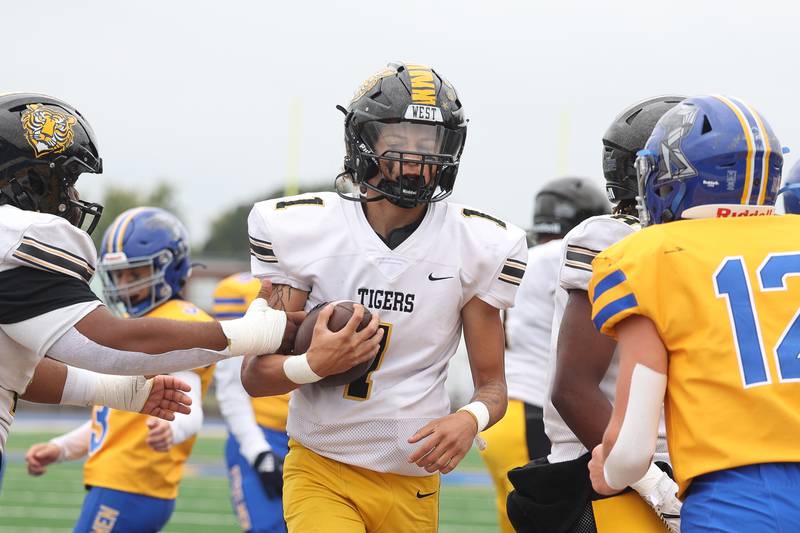 Joliet West’s Antoine Brooks trots into the end zone against Joliet Central on Saturday, Sept. 28, 2024 in Joliet.