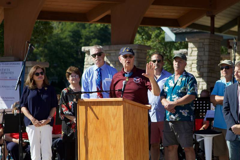 National Medal of Honor Veteran Allen J Lynch speaks at Flag Day Monument opening ceremony's at Patriot's Park on Sunday, Oct 1,2023 in Batavia.