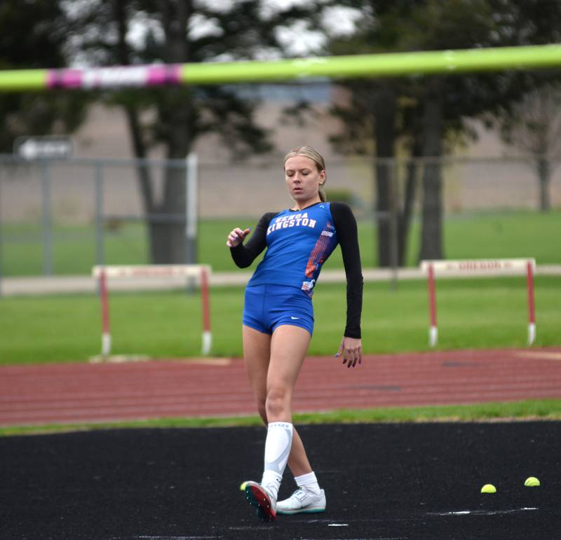 Genoa-Kingston's Addison Vicary starts her approach in the high jump competition at the Landers-Loomis Invitational track meet on Friday, April 25, 2025 held at Oregon High School. She finished second in the event.