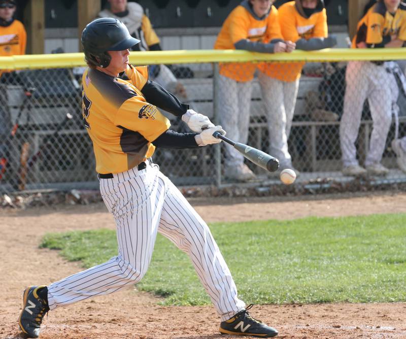 Putnam County's Ryan Hundley singles to left field against Henry-Senachwine on Tuesday, April 25, 2023 at Putnam County High School.