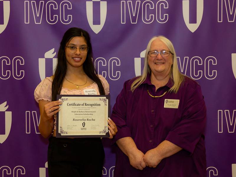 (Left) Rosevelia Rocha, of Mendota, winner of the Ralph and Barbara Bowermaster Education Scholarship, with Illinois Valley Community College Foundation President Sue Schmitt at the 2022 scholarship recognition reception. The Foundation awarded more than $415,000 in scholarships this year.
