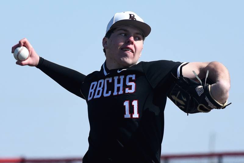 Bradley-Bourbonnais' Liam Martin throws a pitch during a game against Bishop McNamara at Bradley's 315 Sports Park Saturday, March 28, 2026.