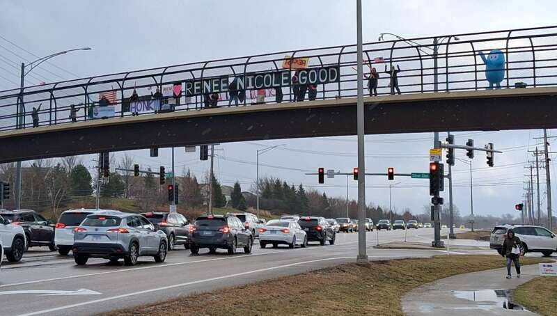 Groups hold an organized protest of the Jan. 7, 2026, fatal shooting of Renee Good by an ICE officer in Minneapolis on Saturday, Jan. 10, 2026, on the pedestrian bridge over Randall Road at Silver Glen Road in South Elgin.