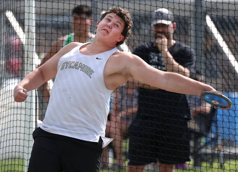 Sycamore’s Will Rosenow competes in the discus Tuesday, May 13, 2025, during the Interstate 8 Conference boys track championships at Rochelle High School.