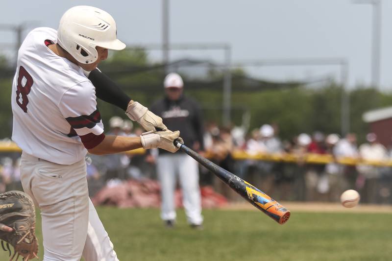 Plainfield North's Max Barriball (8) connects on a pitch during Class 4A Plainfield North Regional final baseball game between Oswego at Plainfield North. Saturday, May 31, 2025 in Plainfield.