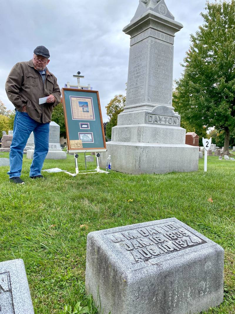Joe McCormick, a Sycamore High School history teacher, presents about the Dayton Ward family, a multi-generational family who played a significant role in the local agricultural community. McCormick spoke at the DeKalb County History Center’s annual Etched in Stone Cemetery Walk at Elmwood Cemetery, 901 S. Cross St., Sycamore on Sunday, Oct. 8, 2023.