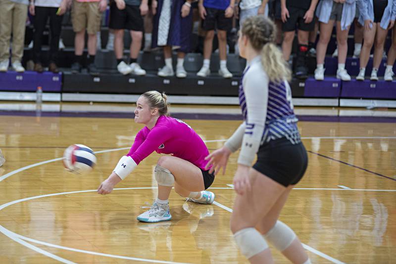 Dixon’s Natalie Davidson digs a shot against Rockford Lutheran Tuesday, Sept. 20, 2022.