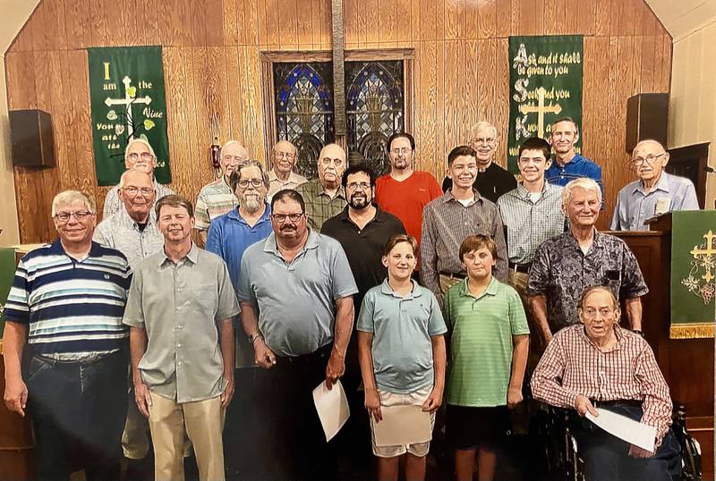 Performers of “God Bless America” included: (Back row) Roger Hintzsche, Carol Scheie, Charles Quitno, Roger Thuestad, Jim White, Pr. Carl Rasmussen, Chris Quitno. (Middle row) Lyle Headon, Paul Watson, Gavin Wilson, Lucas and Caleb Quitno, Stan Eden. (front row) Steven Latimer, Brian Quitno, John Paxton, Aiden and Colton White, Larry Howlett and Gary Mullis.
Performers of “God Bless America” during a talent exhibition at St. John's Church on July 23, 2023 in Creston included: (Back row) Roger Hintzsche, Carol Scheie, Charles Quitno, Roger Thuestad, Jim White, Pr. Carl Rasmussen, Chris Quitno. (Middle row) Lyle Headon, Paul Watson, Gavin Wilson, Lucas and Caleb Quitno, Stan Eden. (front row) Steven Latimer, Brian Quitno, John Paxton, Aiden and Colton White, Larry Howlett and Gary Mullis.