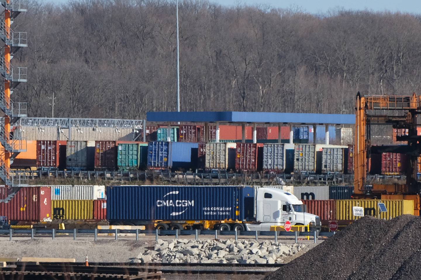 A truck drives through the BNSF Railway Logistics Park Chicago complex. Monday, Dec. 13, 2021 in Elwood.