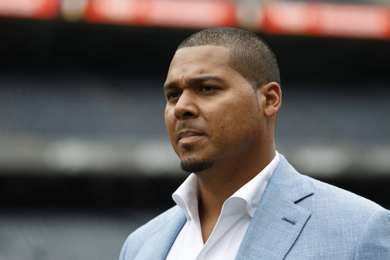 Chicago Bears general manager Ryan Poles walks on the sidelines prior to a preseason game against the Buffalo Bills, Saturday, Aug. 26, 2023, in Chicago.