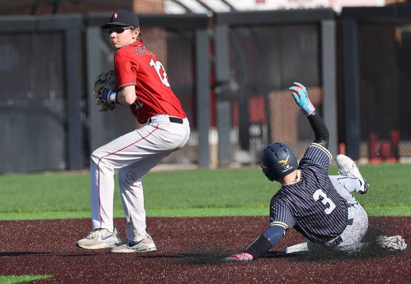 Hiawatha's Hunter Ziegler slides into second to break up a double play as South Beloit's Macen Peot throws to first Thursday, April 16, 2026, during their game at Northern Illinois University in DeKalb.