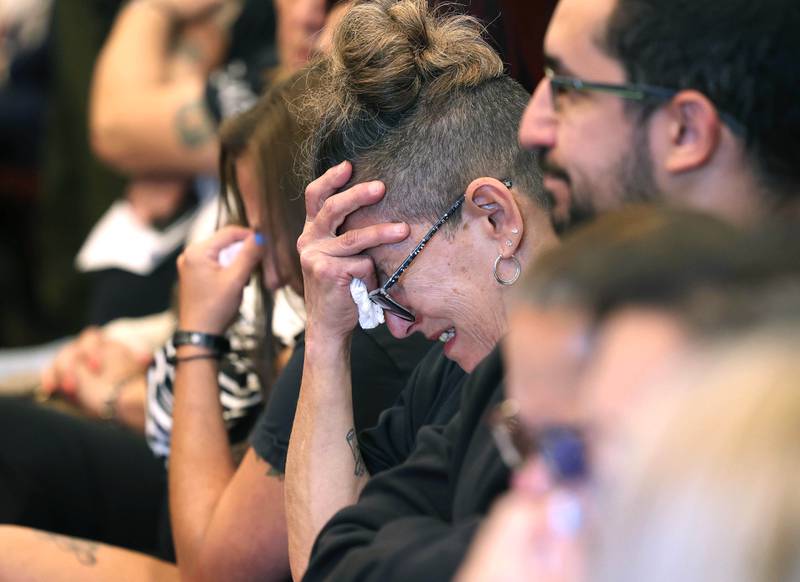 Diane Caporaso, mother of Christina Musil, becomes emotional as she hears the sentence read for for Nathan P. Sweeney, the man who pleaded guilty to a 2024 DUI crash that killed her daughter, a DeKalb County sheriff's deputy. Sweeney was sentenced on Tuesday, Aug. 26, 2025, at the DeKalb County Courthouse in Sycamore to the maximum of 14 years for the crash.