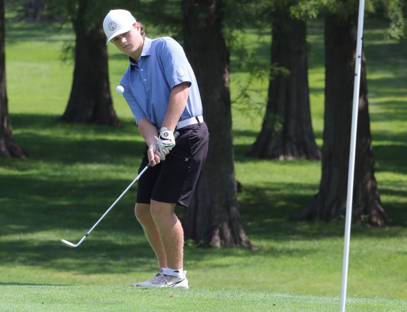 Burlington Central’s Matthew Kowalik chips onto the green during the Mark Rolfing Cup Monday, Aug. 21, 2023, at the Kishwaukee Country Club in DeKalb.