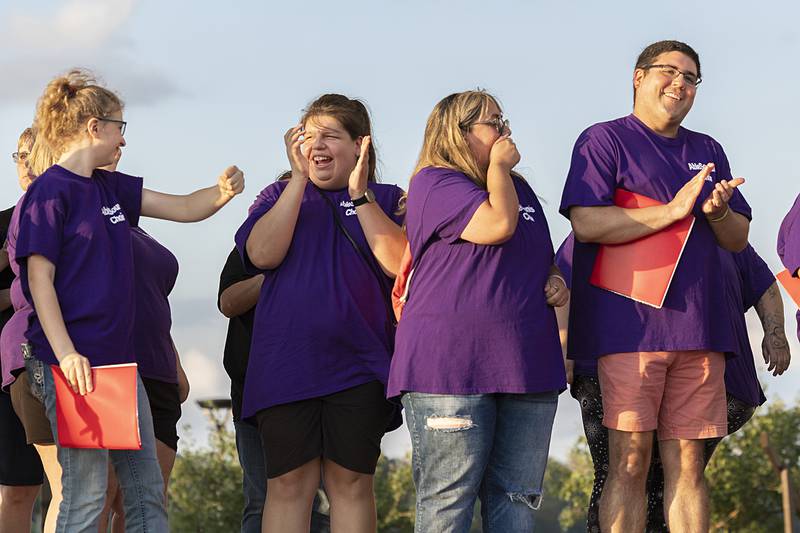 Crowd favorite winners Able Souls Choir celebrate their award Thursday, Aug. 9, 2024 in the finals of Rock Falls Tourism’s Sauk Valley Talent Competition.
