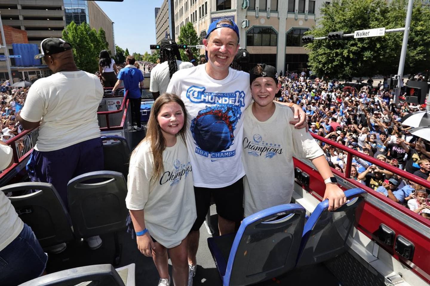 Matt Tumbleson celebrated the Thunder's NBA Championship on a team bus with his daughter, Audrey, and son, Teddy.