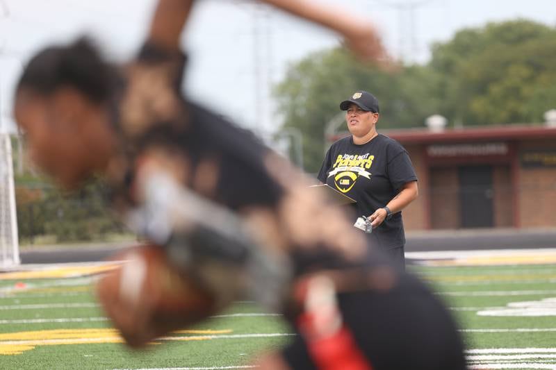 Joliet West’s Tish Evans holds tryouts for girls flag football on Monday, Aug. 12, 2024  at Joliet West High School.