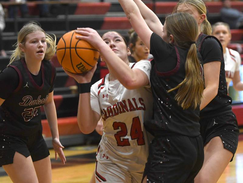 Forreston's Alice Kobler (24) shoots against Dakota on Friday, Feb. 6, 2026 at Forreston High School.