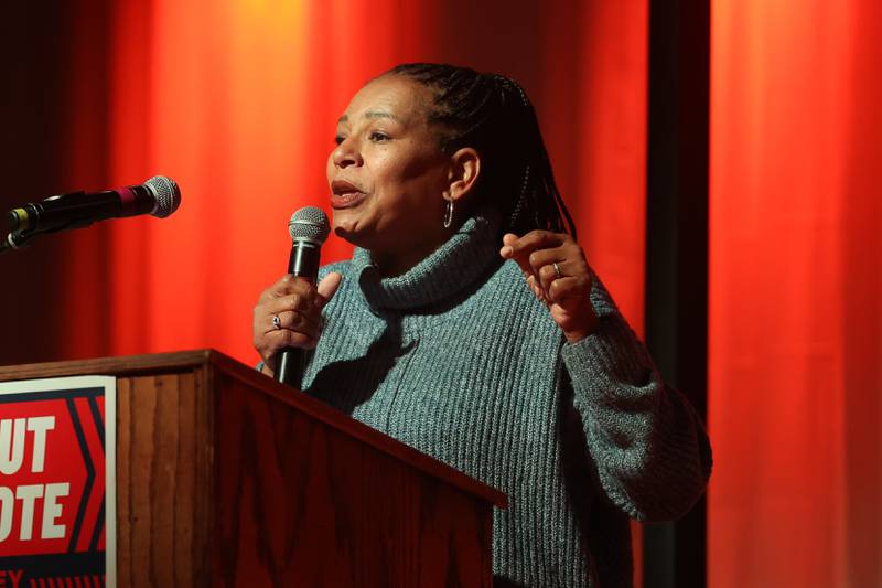 Stephanie Trussell, Republican nominee for Lieutenant Governor, speaks at the GOP rally at 115 Bourbon Street in Merrionette Park on Monday.