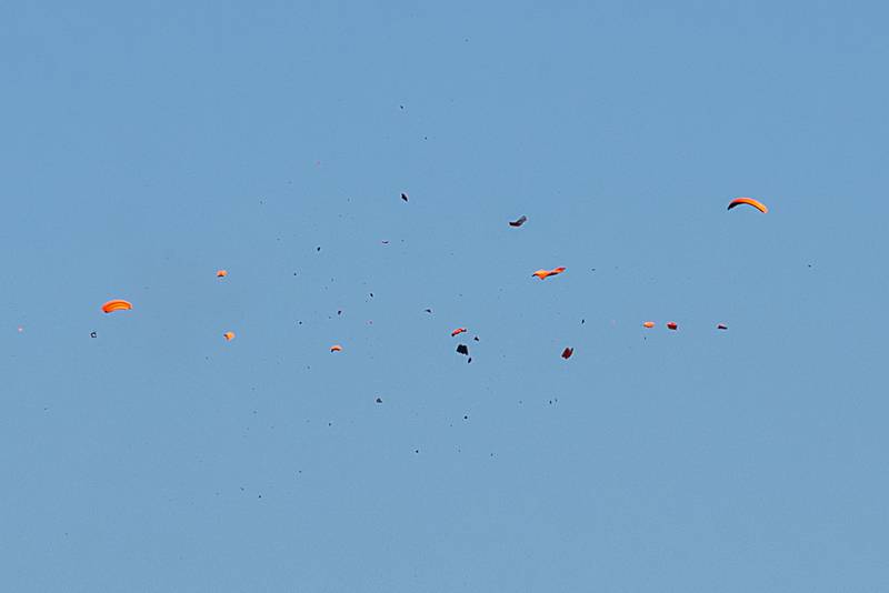 A bird explodes from the shot of a competitor.