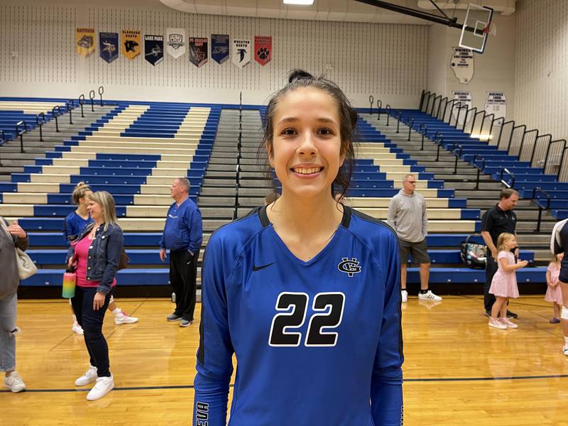 Geneva junior middle hitter Charlotte Potvin. Photo by Jacob Bartelson.