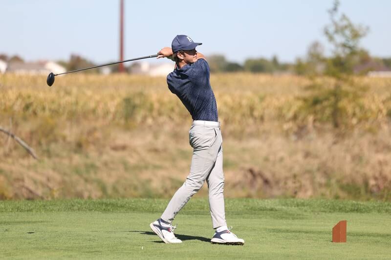 Lemont’s Matthew Devoy drives off the seventh hole in the Class 2A Lemont Boys Golf Sectional on Monday, Oct. 7, 2024 at Wedgewood Golf Course in Lemont.