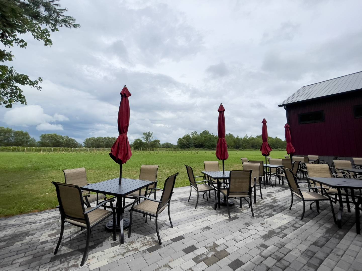 The patio overlooks the acres of vines at Mistie Hill Vineyard's tasting room at the rural winery.