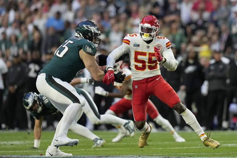 Kansas City Chiefs defensive end Frank Clark rushes the passer against the Philadelphia Eagles during the Super Bowl 57, Sunday, Feb. 12, 2023, in Glendale, Ariz.
