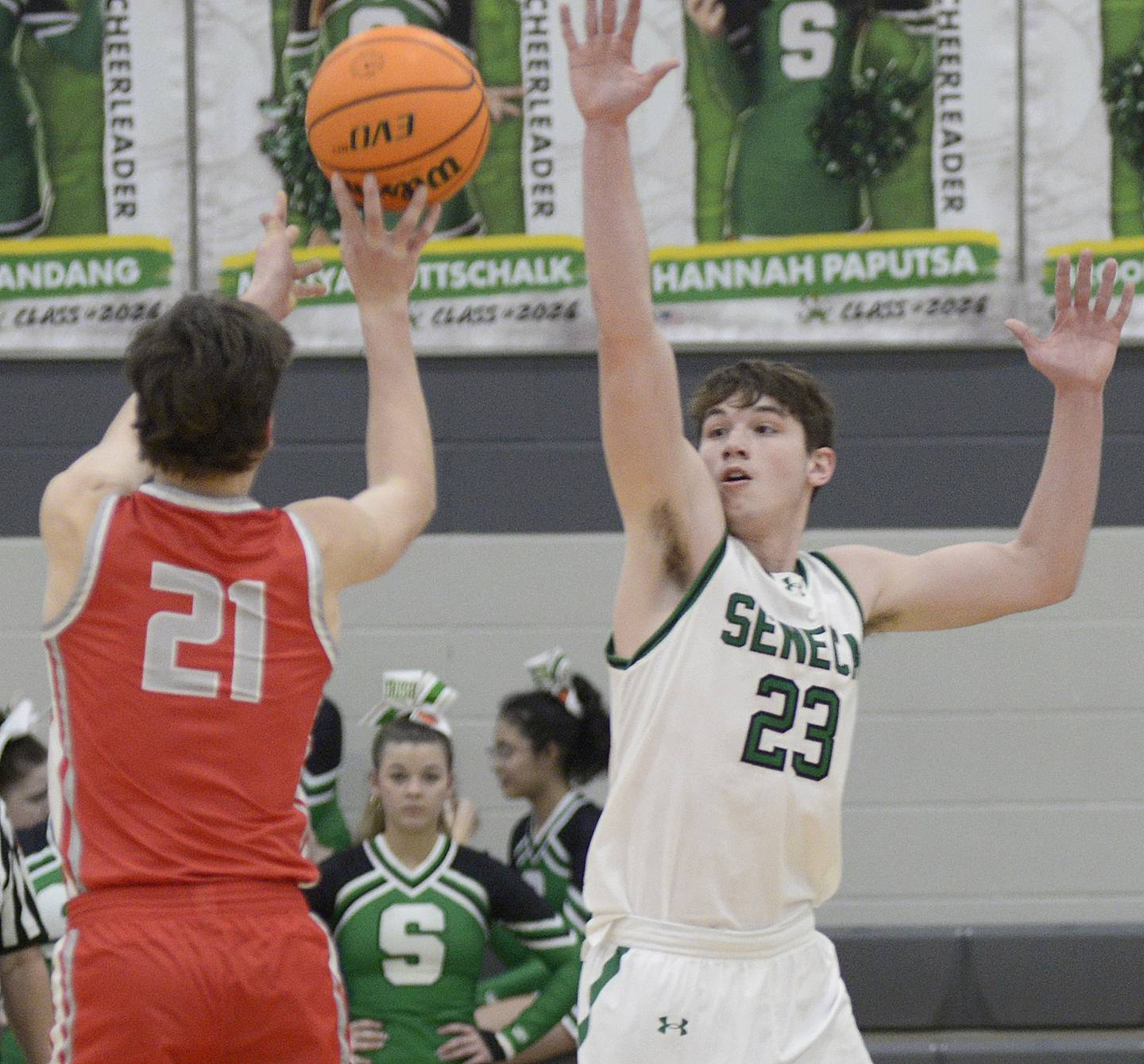 Seneca’s Brady Sheedy works to stop a shot by Streator’s Brennen Stillwell in the 2nd period Tuesday at Seneca.