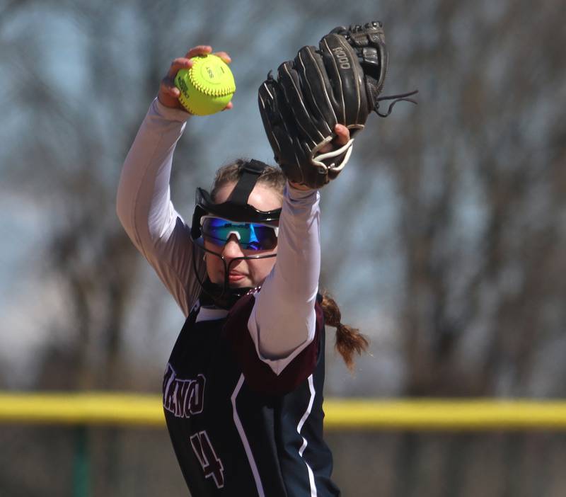 Marengo’s Jozsa Christiansen delivers against North Boone in varsity softball at Marengo High School in Marengo on Saturday, March 22, 2025.