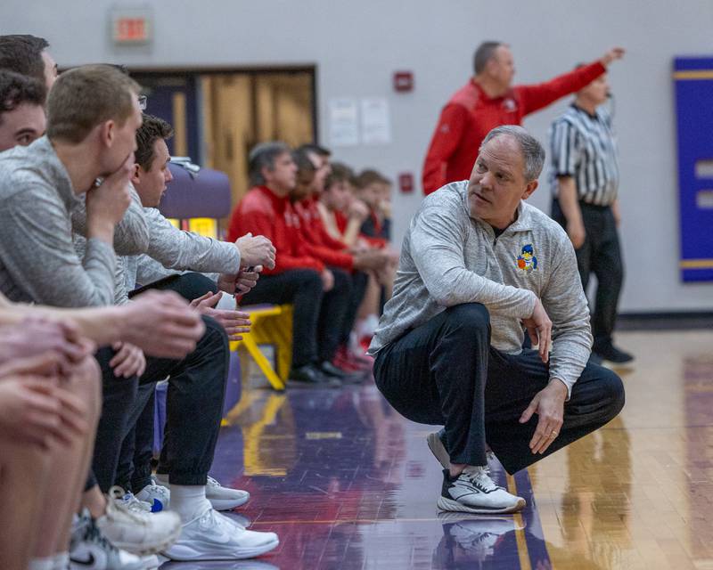 Johnsburg's Head Coach Mike Toussaint looks to bench in game against Aurora Christian during the Class 2A Boys Sectional Basketball tournament game on Wednesday, March 4, 2026 at Mendota High School.