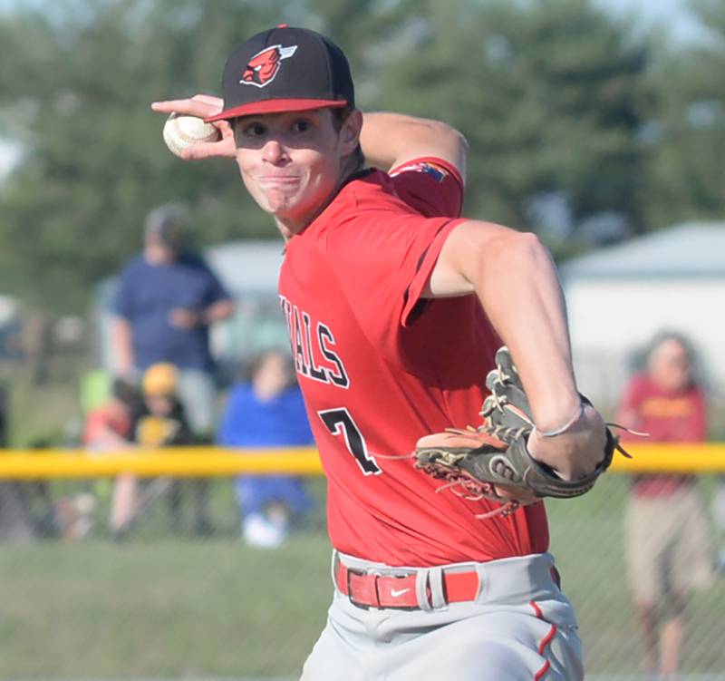 Forreston's Brendan Greenfield zeroes in on home plate as he pitches against Lena-Winslow at the 1A Forreston Sectional on Wednesday, May 22, 2024.