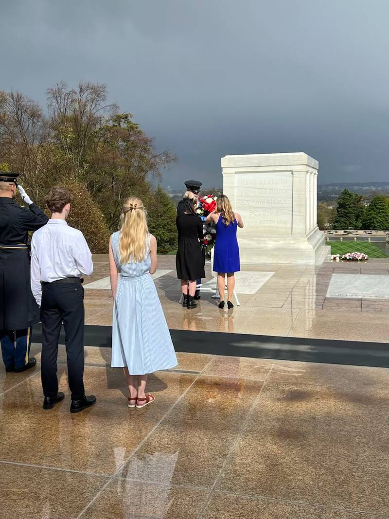 Princeton Christian Academy's Nolan Claussen, Brooke Claussen, Annalise Baker and Lydia Hardy took part of the wreath laying ceremony at the Tomb of the Unknown Soldier at Arlington National Cemetery on Thursday.