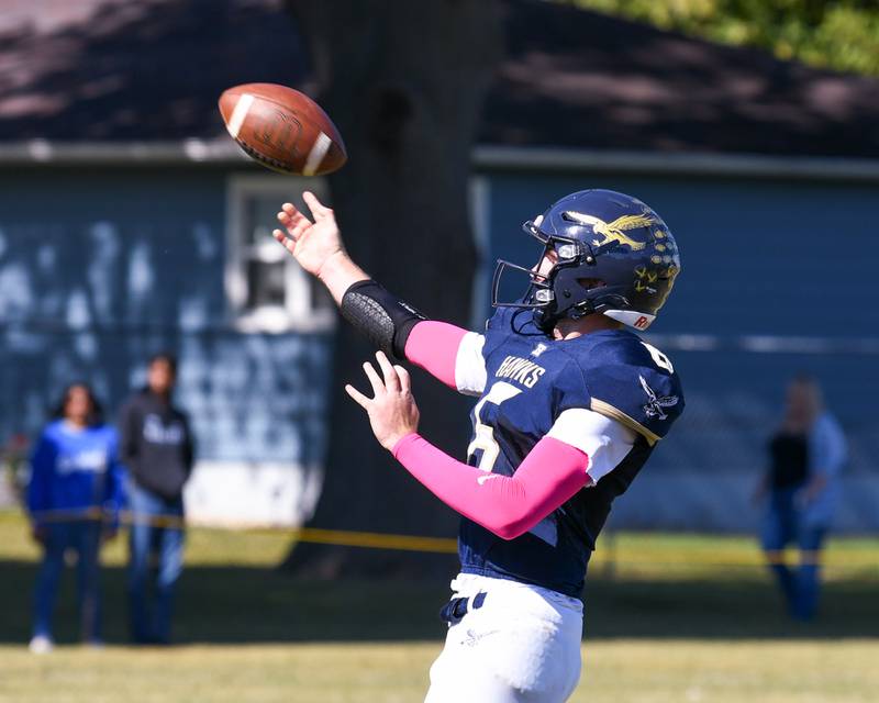 Hiawatha's Aiden Cooper (6) passes the ball during the game on Saturday Oct. 11, 2025, while taking on Rockford Christian Life held at Hiawatha High School.