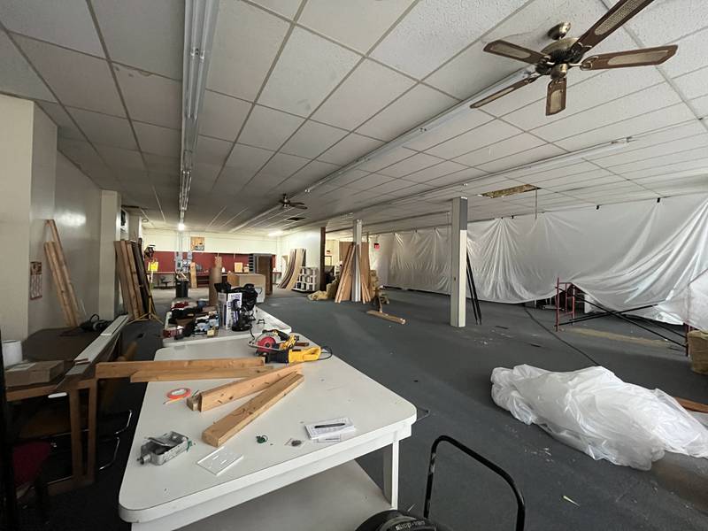 Dixon Stage Left begins demolition at its new location, 105 S. Peoria Ave. The drop ceiling and pillars will be taken out as the space is converted into an auditorium that seats 120 people.
