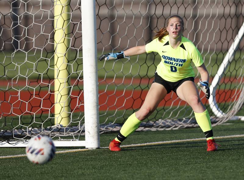 Downers Grove South's goalkeeper Delia Whaley watches the corner kick during the Class 3A Morton regional girls soccer final between Downers Grove South and York in Berwyn on Friday, May 17, 2024.