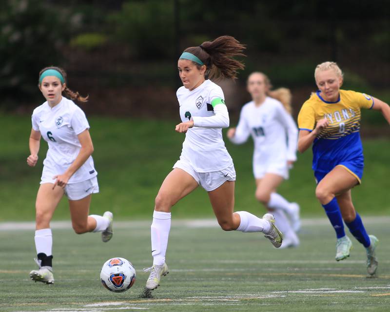 Glenbard West's Emmie Roberts (3) races down the pitch during the Class 3A Glenbard West Sectional final game between Lyons at Glenbard West. May 27, 2022