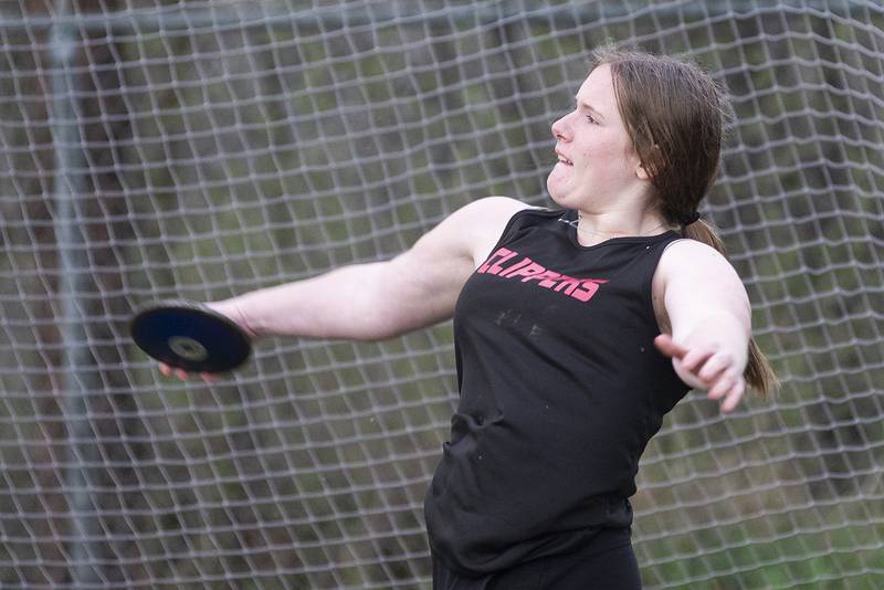 Kimber Zitelman of Amboy throws the discus Friday, April 22, 2022 at the Rock Falls track invitational.