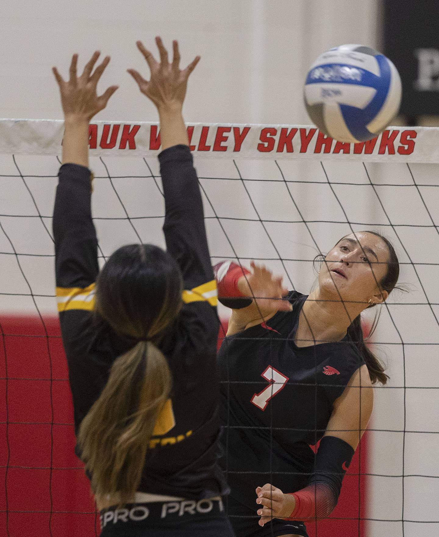 Sauk Valley’s Kenna Wubbena hammers a shot against Triton College Wednesday, Nov. 5, 2025, during the Regional IV tournament.