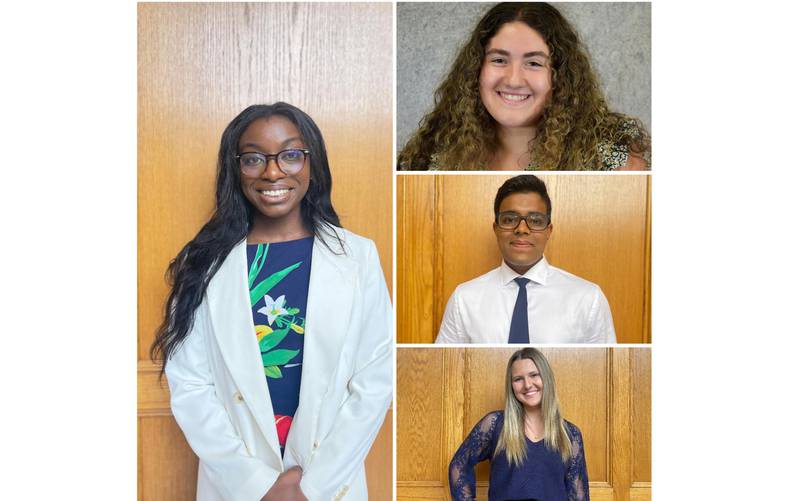 On Aug. 21, 2023, Chelsea Osei (left), a senior at Lockport Township High School District 205, and Victoria DalPonte (bottom right), a senior at Lockport Township High School, were officially seated to serve as the first-ever student representatives for District 205’s board of education. In addition, Akash Patel (center), a senior at Lockport Township High School District 205, was seated to serve on the board’s finance and facilities committee. The board also approved McKenna Orrico (top right) as student board member of the board’s curriculum committee.