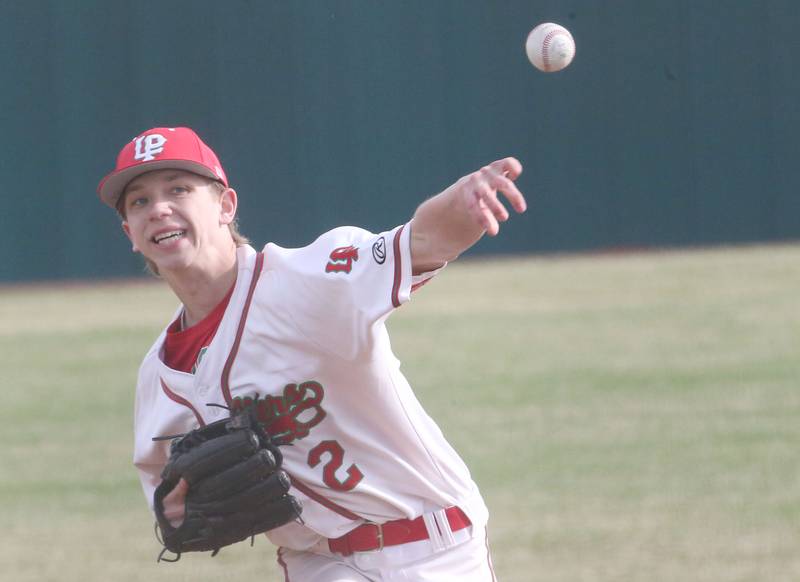 L-P's Gavin Kallis lets go of a pitch to Mendota on Thursday, April 3, 2025 at Huby Sarver Field inside the L-P Athletic Complex in La Salle.